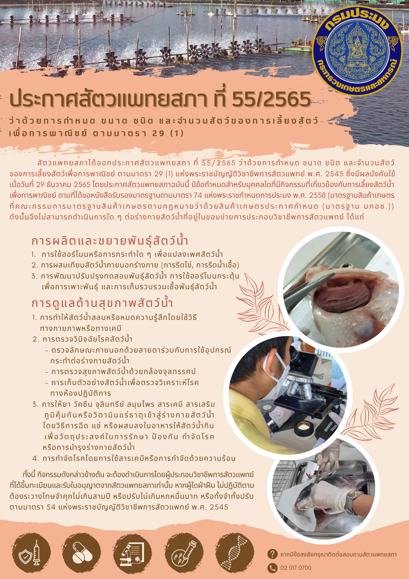 ประกาศสัตวแพทยสภา ที่ 552565 ว่าด้วยการกำหนดขนาด ชนิด และจำนวนสัตว์ของการเลี้ยงสัตว์เพื่อการพาณิชย์ ตามมาตรา 29 (1)