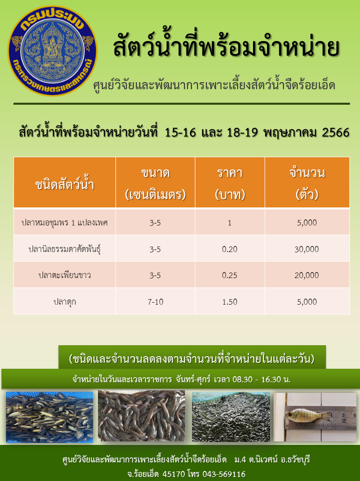 สัตว์น้ำที่พร้อมจำหน่ายวันที่ 15-16 และ 18-19 พฤษภาคม 2566..คลิก