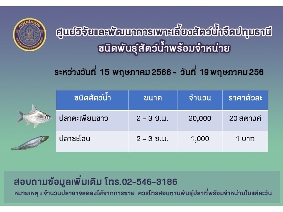 ชนิดพันธุ์สัตว์น้ำพร้อมจำหน่าย (วันที่ 15 - 19 พฤษภาคม 2566..คลิก