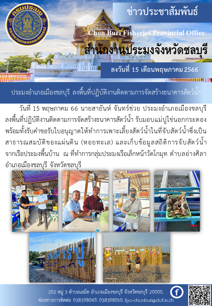 ประมงอำเภอเมืองชลบุรี ลงพื้นที่ปฏิบัติงานติดตามการจัดสร้างธนาคารสัตว์น้ำ รับมอบแม่ปูไข่นอกกระดอง..คลิก