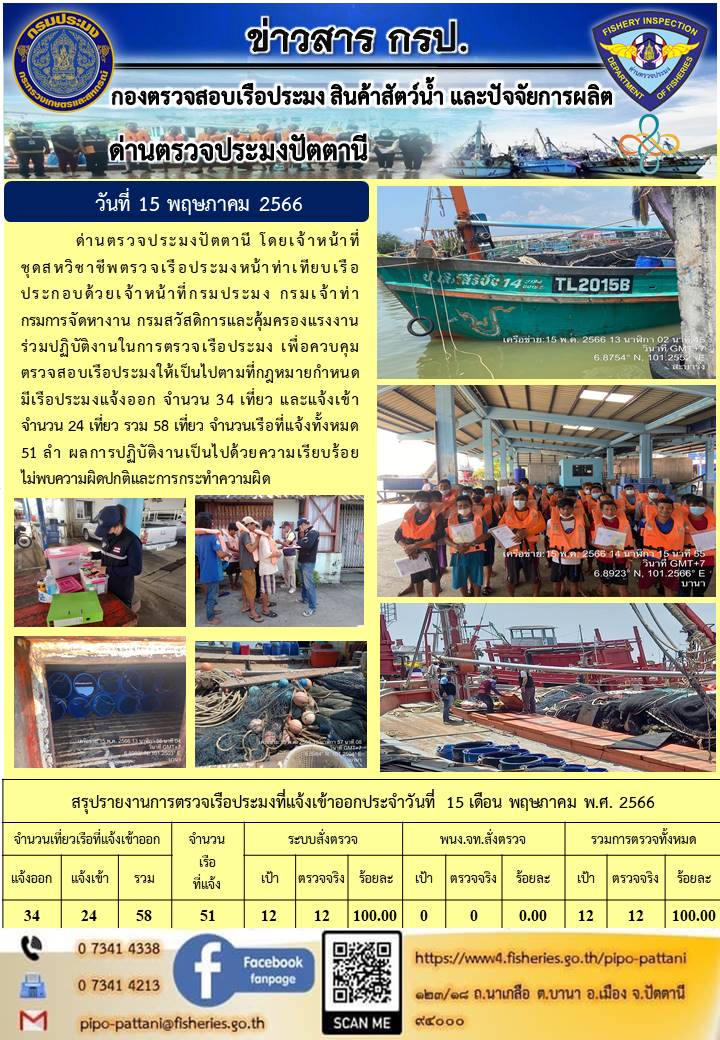 ข่าวสารการปฏิบัติงาน ด่านตรวจประมงปัตตานี วันที่ 15 พฤษภาคม 2566..คลิก