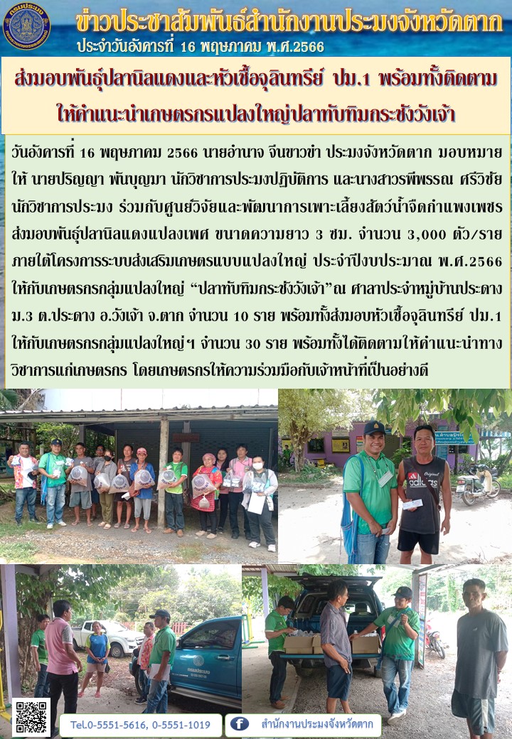 ส่งมอบพันธุ์ปลานิลแดงและหัวเชื้อจุลินทรีย์ ปม.1 พร้อมทั้งติดตามให้คำแนะนำเกษตรกรแปลงใหญ่ปลาทับทิมกระชังวังเจ้า..คลิก