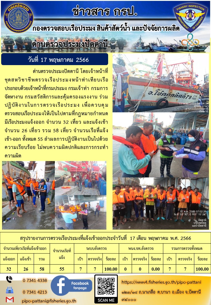 ข่าวสารการปฏิบัติงาน ด่านตรวจประมงปัตตานี วันที่ 17 พฤษภาคม 2566..คลิก