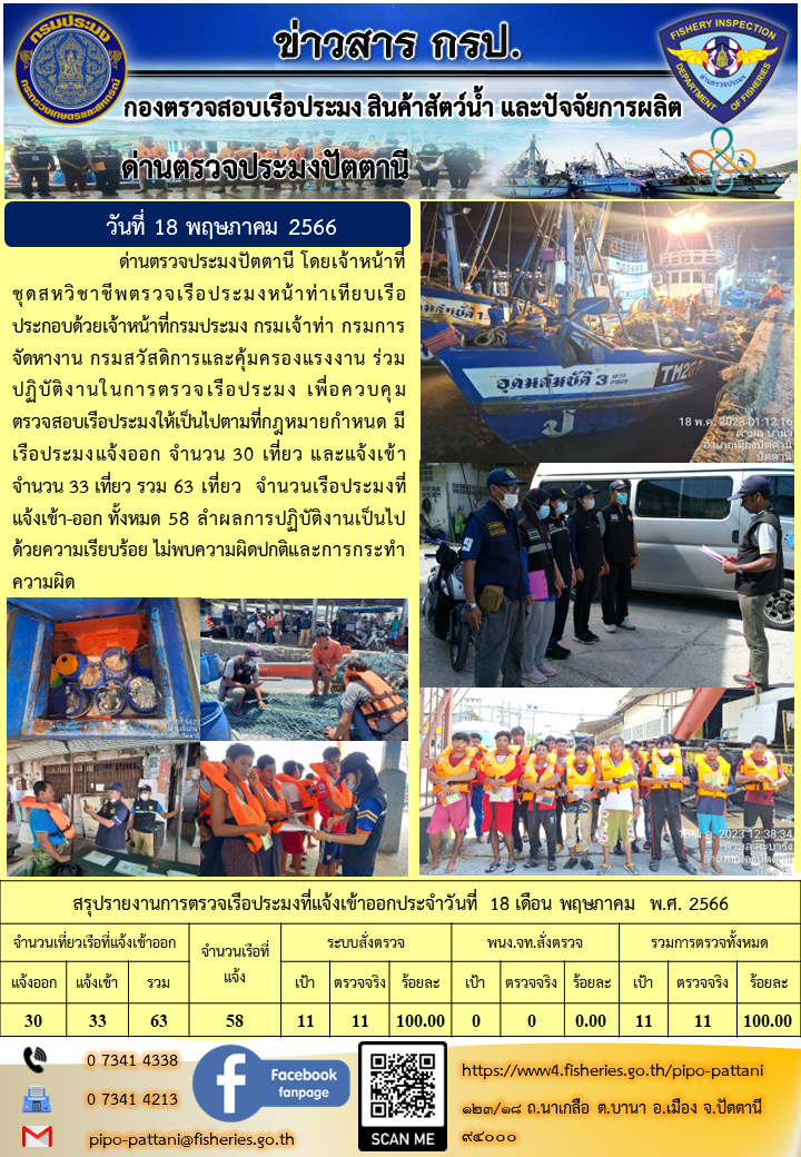 ข่าวสารการปฏิบัติงาน ด่านตรวจประมงปัตตานี วันที่ 18 พฤษภาคม 2566..คลิก