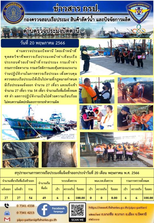 ข่าวสารการปฏิบัติงาน ด่านตรวจประมงปัตตานี วันที่ 20 พฤษภาคม 2566..คลิก