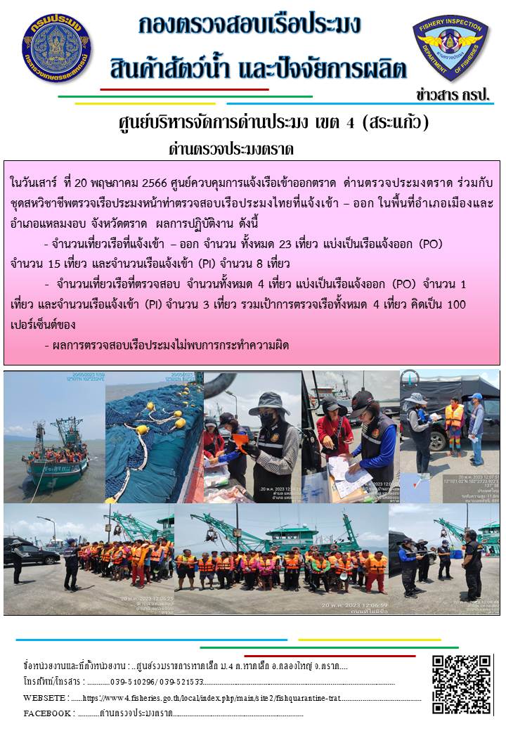 ผลการปฏิบัติงานของศูนย์ควบคุมการแจ้งเรือเข้าออกตราด ด่านตรวจประมงตราด ประจำวันที่ 20 พฤษภาคม 2566..คลิก
