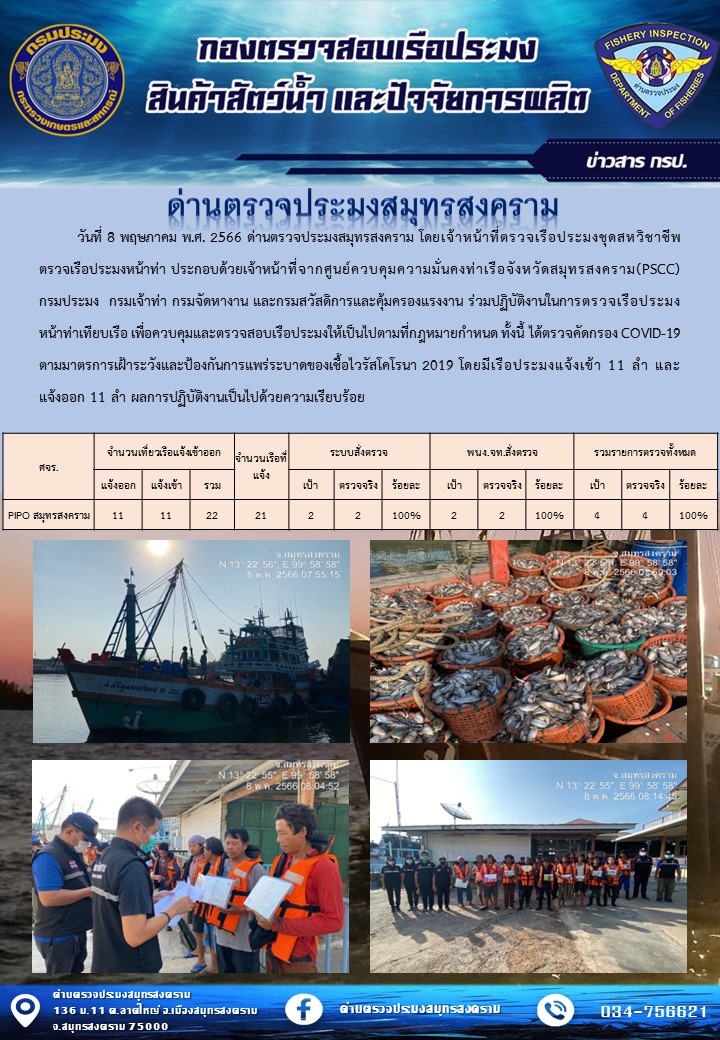 สถิติการแจ้งเข้า - ออกเรือประมงพาณิชย์ ด่านตรวจประมงสมุทรสงคราม ประจำวันที่ 8 พฤษภาคม 2566..คลิก