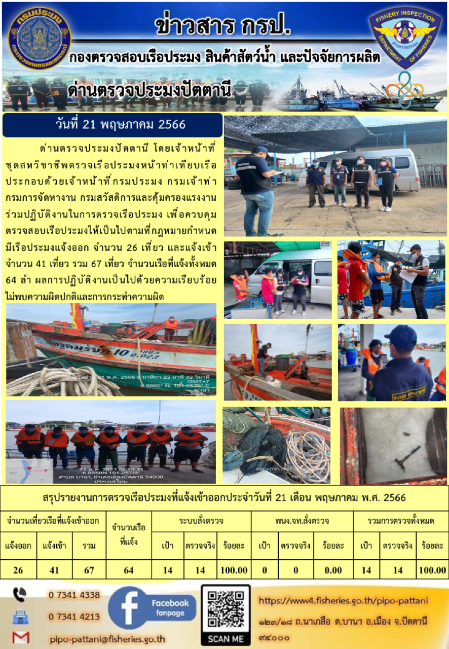 ข่าวสารการปฏิบัติงาน ด่านตรวจประมงปัตตานี วันที่ 21 พฤษภาคม 2566..คลิก