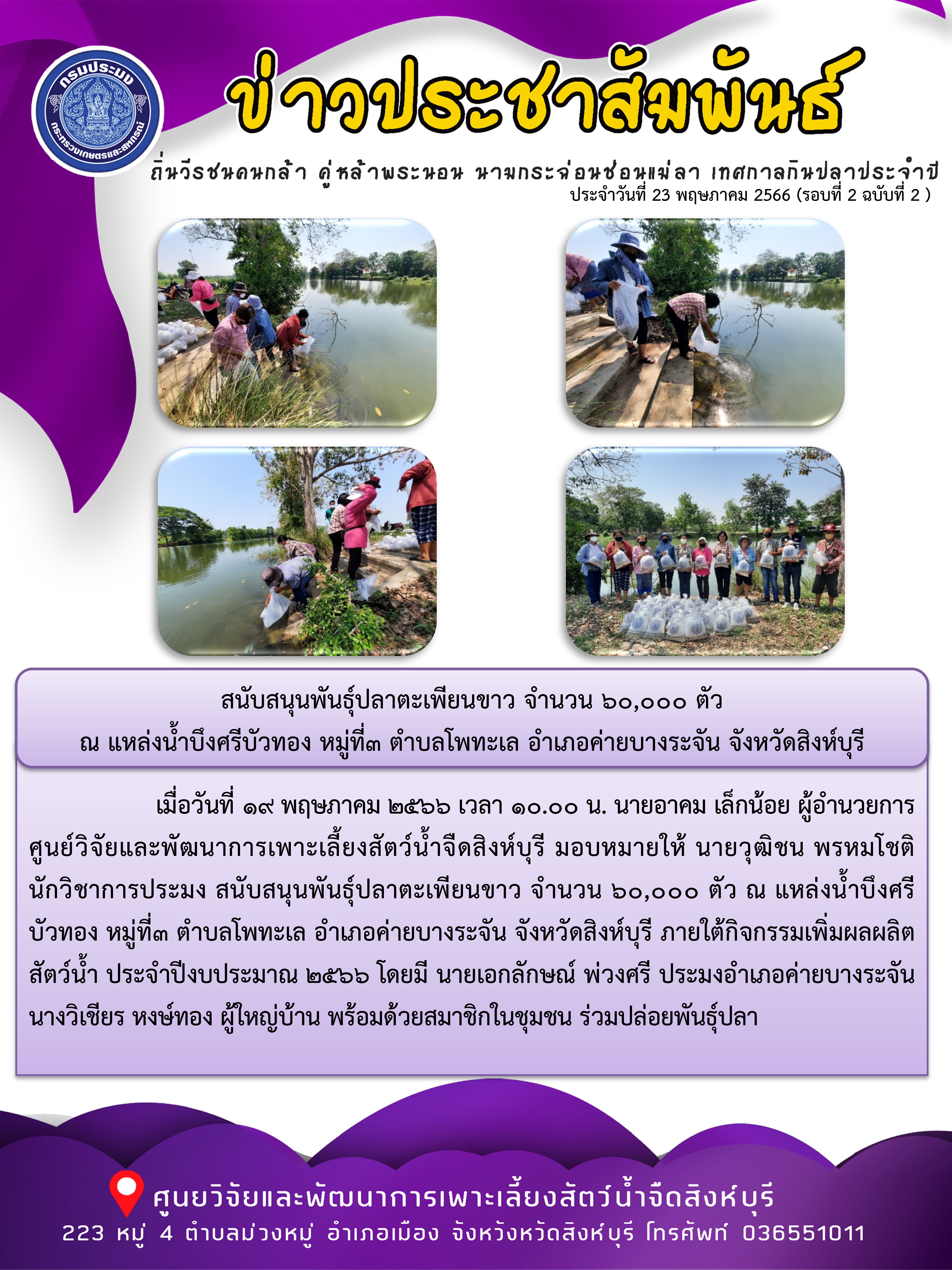 สนับสนุนพันธุ์ปลาตะเพียนขาว จำนวน 60,000 ตัว  ณ แหล่งน้ำบึงศรีบัวทอง หมู่ที่3 ตำบลโพทะเล อำเภอค่ายบางระจัน จังหวัดสิงห์บุรี..คลิก