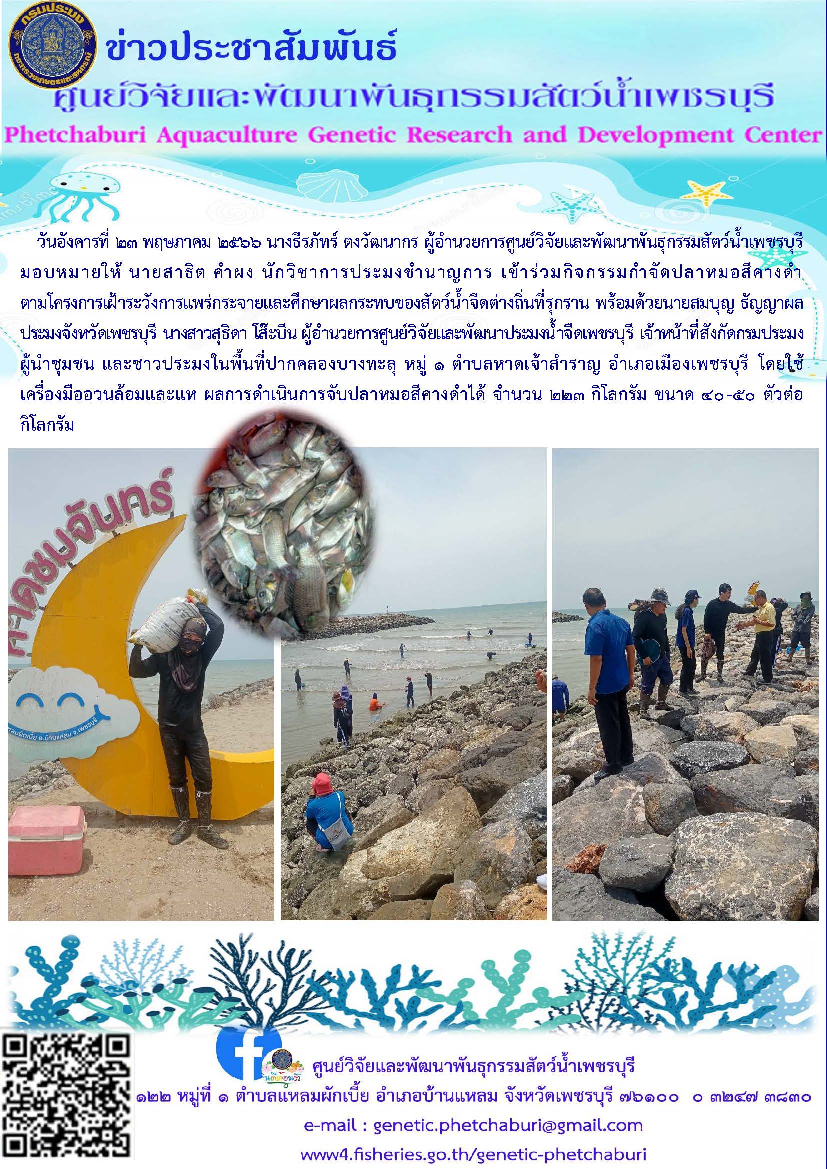 เข้าร่วมกิจกรรมกำจัดปลาหมอสีคางดำ ตามโครงการเฝ้าระวังการแพร่กระจายและศึกษาผลกระทบของสัตว์น้ำจืดต่างถิ่นที่รุกราน..คลิก