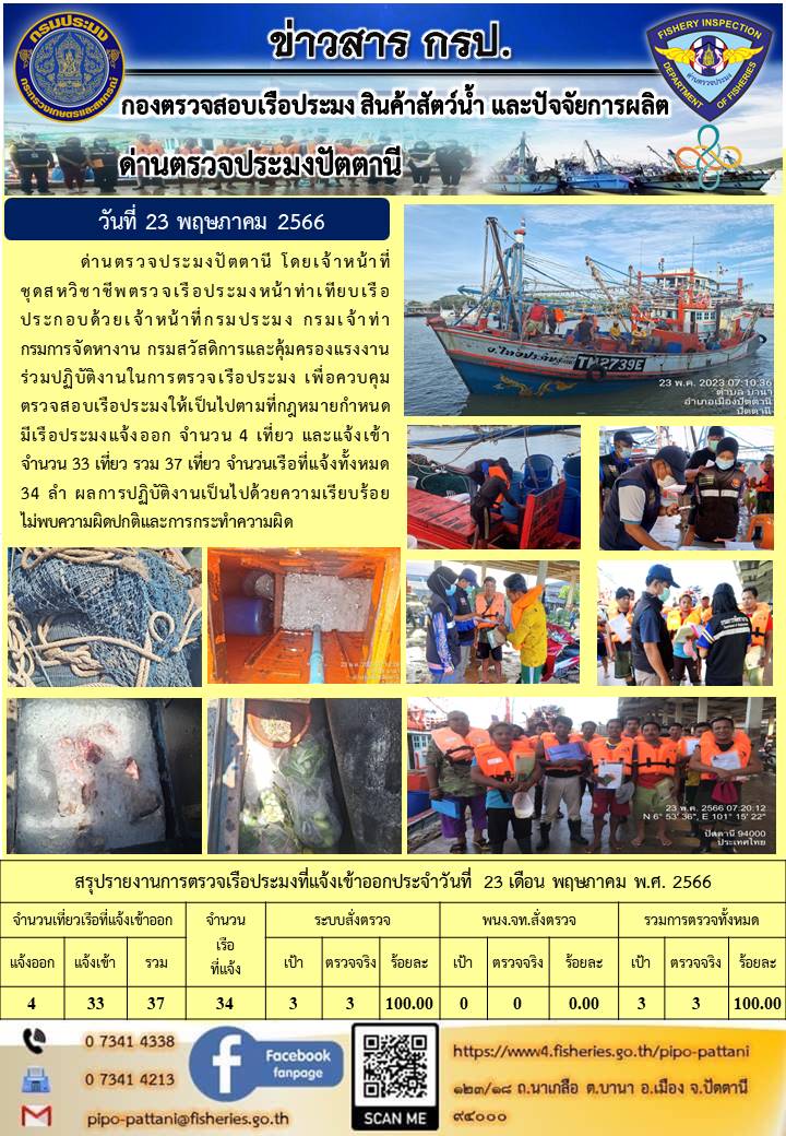 ข่าวสารการปฏิบัติงาน ด่านตรวจประมงปัตตานี วันที่ 23 พฤษภาคม 2566..คลิก