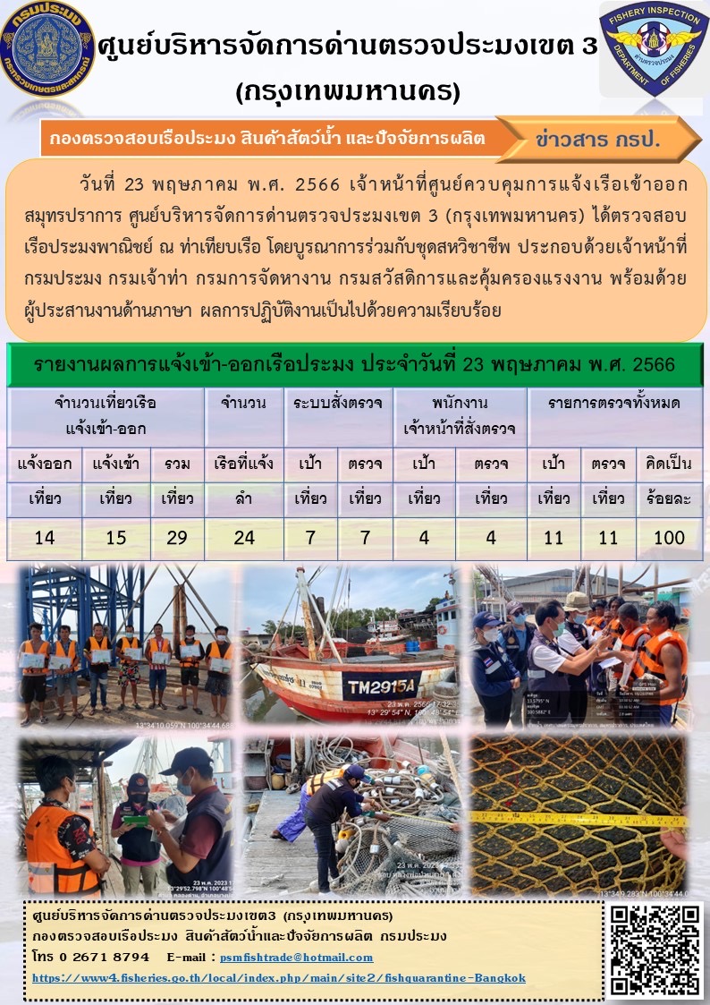 ประชาสัมพันธ์ศูนย์บริหารจัดการด่านตรวจประมงเขต 3 (กรุงเทพมหานคร) ประจำวันที่ 24 พฤษภาคม 2566..คลิก