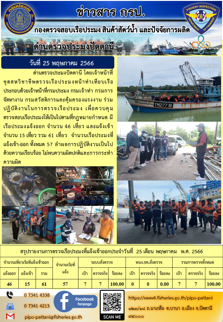 ข่าวสารการปฏิบัติงาน ด่านตรวจประมงปัตตานี วันที่ 25 พฤษภาคม 2566..คลิก