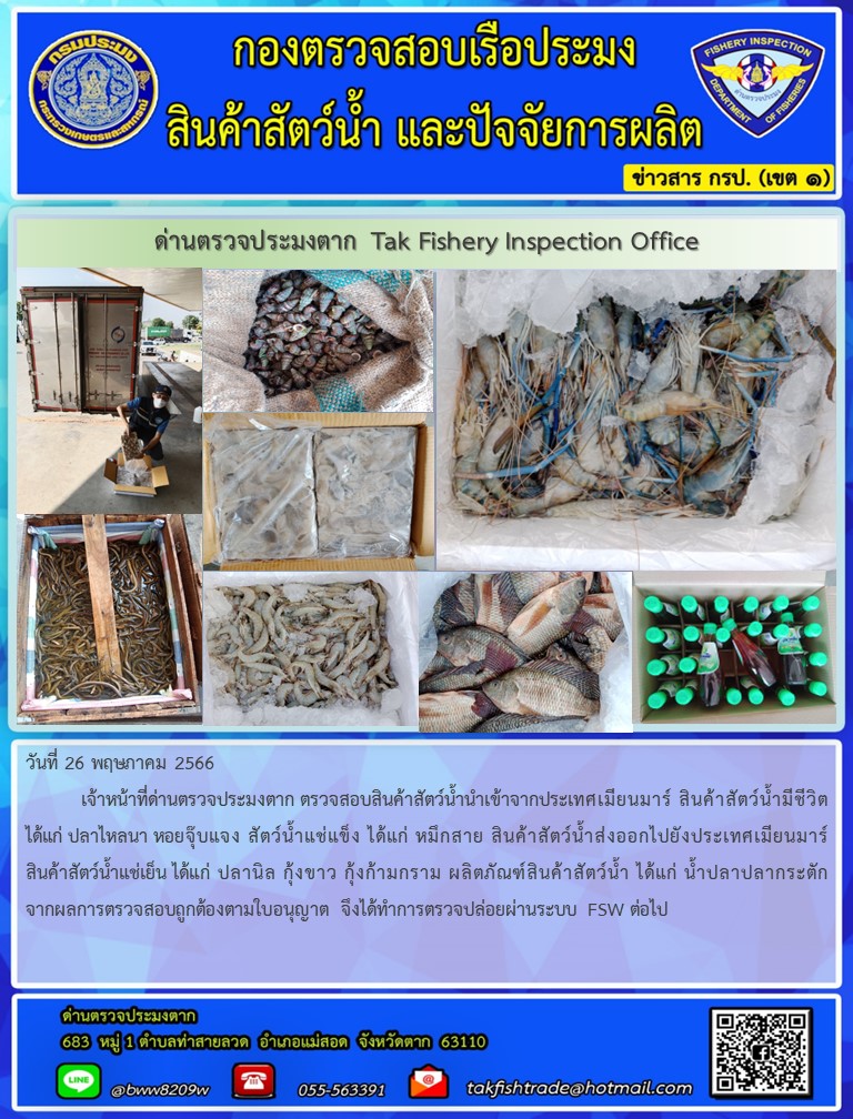วันที่ 26 พฤษภาคม 2566           เจ้าหน้าที่ด่านตรวจประมงตาก ตรวจสอบสินค้าสัตว์น้ำนำเข้าจากประเทศเมียนมาร์ สินค้าสัตว์น้ำมีชีวิต ได้แก่ ปลาไหลนา หอยจุ๊บแจง สัตว์น้ำแช่แข็ง ได้แก่ หมึกสาย สินค้าสัตว์น้ำส่งออกไปยังประเทศเมียนมาร์ สินค้าสัตว์น้ำแช่เย็น ได้แก่ ปลานิล กุ้งขาว กุ้งก้ามกราม ผลิตภัณฑ์สินค้าสัตว์น้ำ ได้แก่ น้ำปลาปลากระตัก จากผลการตรวจสอบถูกต้องตามใบอนุญาต จึงได้ทำการตรวจปล่อยผ่านระบบ FSW ต่อไป..คลิก