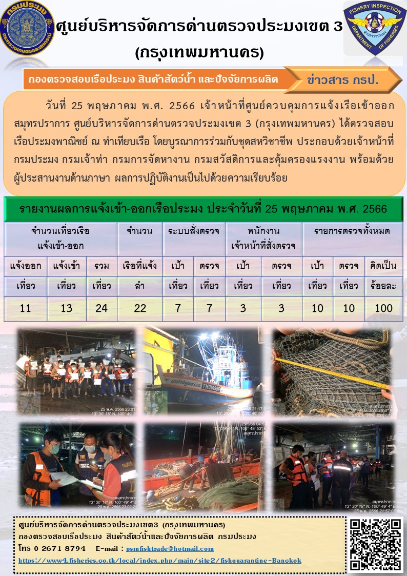 ประชาสัมพันธ์ศูนย์บริหารจัดการด่านตรวจประมงเขต 3 (กรุงเทพมหานคร) ประจำวันที่ 26 พฤษภาคม 2566..คลิก