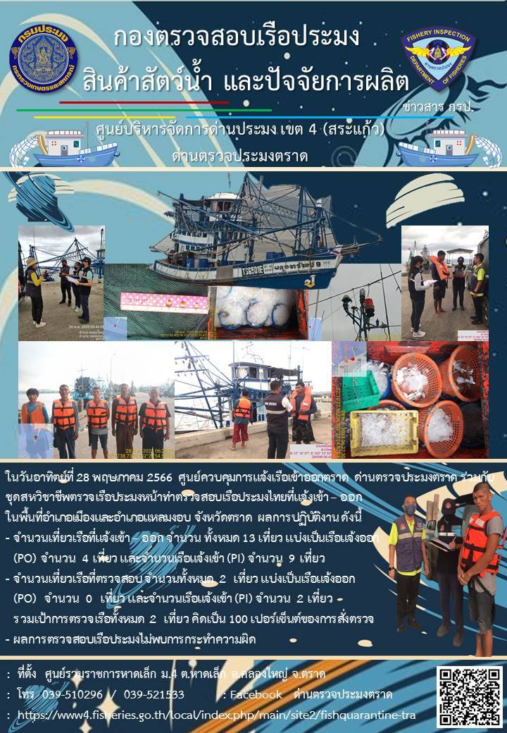 ผลการปฏิบัติงานของศูนย์ควบคุมการแจ้งเรือเข้าออกตราด ด่านตรวจประมงตราด ประจำวันที่ 28 พฤษภาคม 2566..คลิก