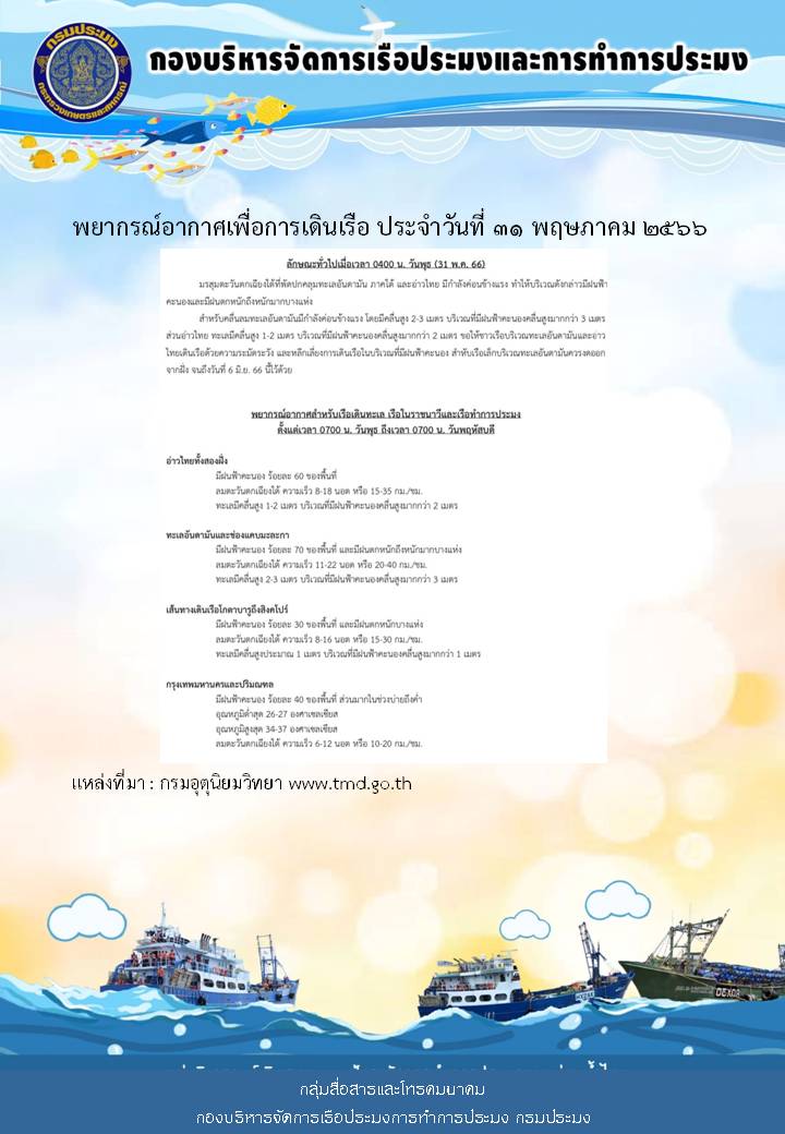 พยากรณ์อากาศเพื่อการเดินเรือ ประจำวันที่ 31 พฤษภาคม 2566..คลิก