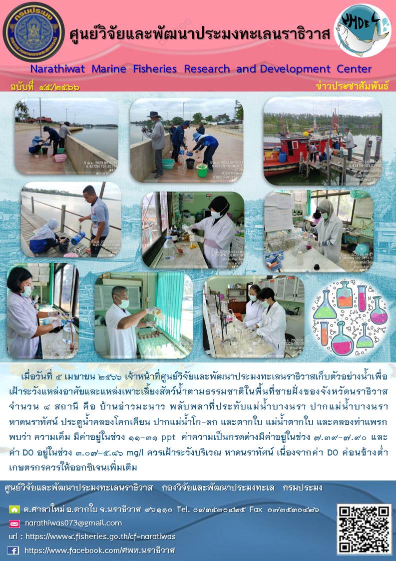 เฝ้าระวังแหล่งอาศัยและแหล่งเพาะเลี้ยงสัตว์น้ำตามธรรมชาติในพื้นที่ชายฝั่งของจังหวัดนราธิวาส..คลิก