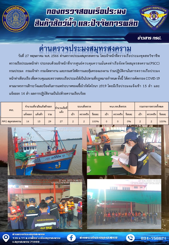 สถิติการแจ้งเข้า - ออกเรือประมงพาณิชย์ ด่านตรวจประมงสมุทรสงคราม ประจำวันที่ 27 พฤษภาคม 2566..คลิก