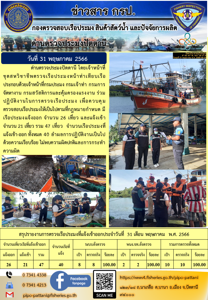 ข่าวสารการปฏิบัติงาน ด่านตรวจประมงปัตตานี วันที่ 31 พฤษภาคม 2566..คลิก