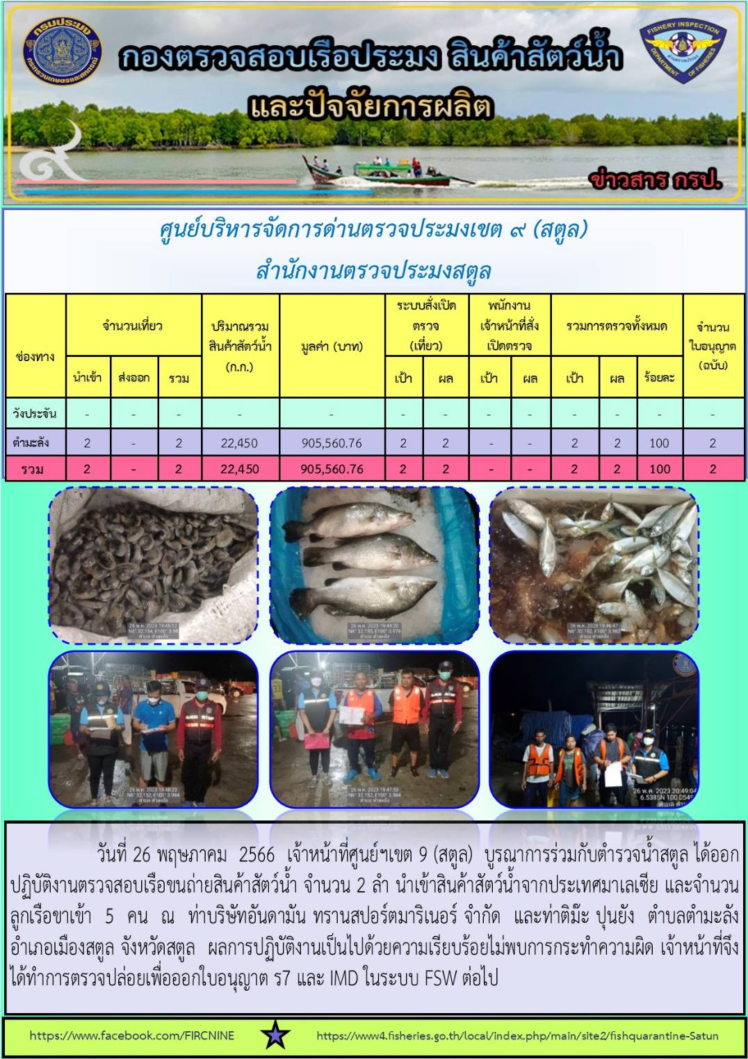 ประชาสัมพันธ์การปฏิบัติงานศูนย์บริหารจัดการด่านตรวจประมงเขต 9 (สตูล) ประจำวันที่ 26-31 พฤษภาคม 2566
