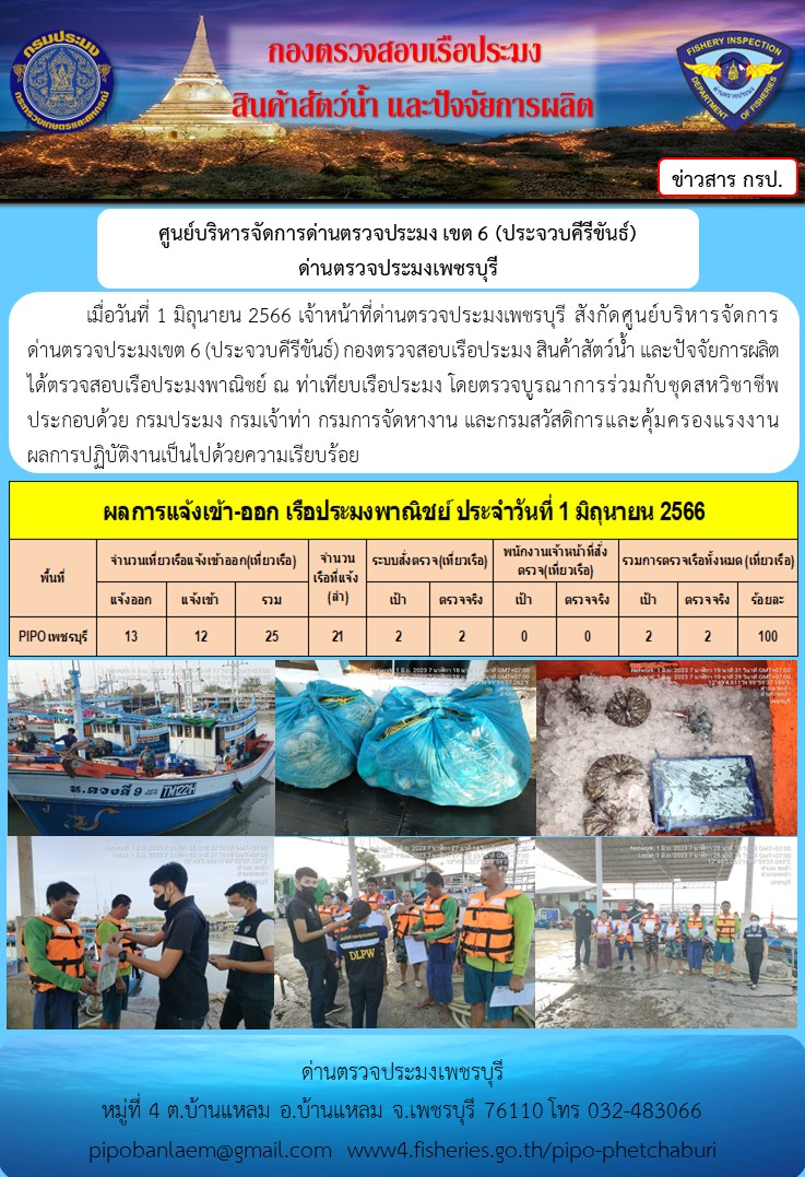 ข่าวประชาสัมพันธ์ ด่านตรวจประมงเพชรบุรี สถิติเรือที่แจ้งเข้า - ออก ประจำวันที่ 1 มิ.ย. 2566..คลิก