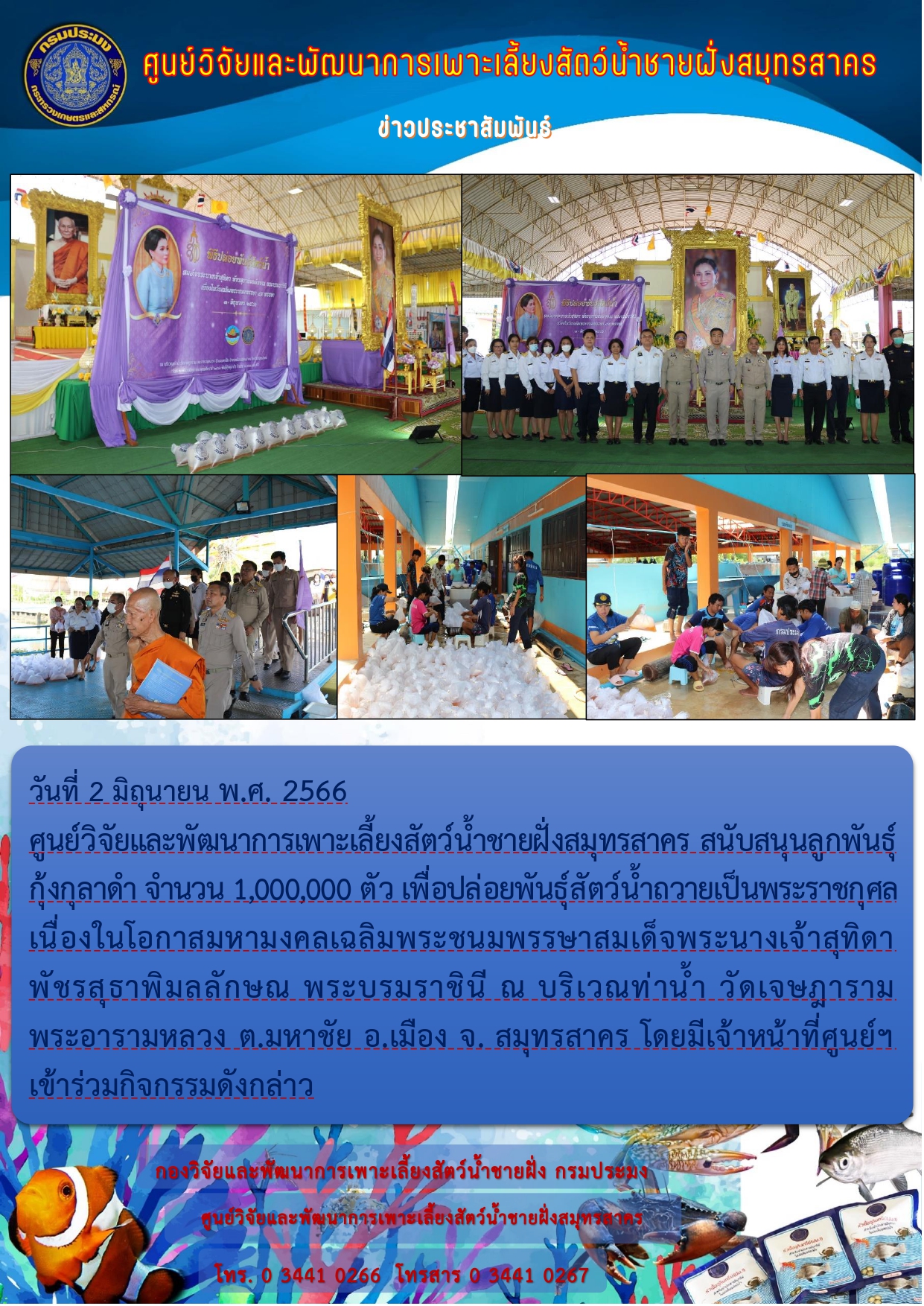 ศูนย์วิจัยและพัฒนาการเพาะเลี้ยงสัตว์น้ำชายฝั่งสมุทรสาคร สนับสนุนลูกพันธุ์กุ้งกุลาดำ จำนวน 1,000,000 ตัว..คลิก