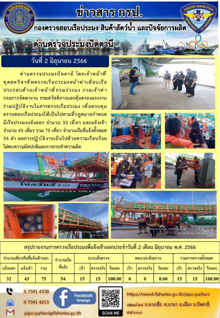 ข่าวสารการปฏิบัติงาน ด่านตรวจประมงปัตตานี วันที่ 2 มิถุนายน 2566..คลิก