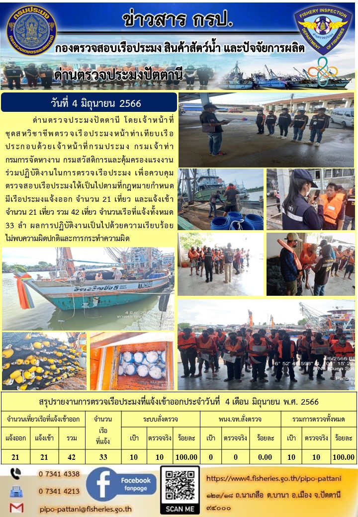 ข่าวสารการปฏิบัติงาน ด่านตรวจประมงปัตตานี วันที่ 4 มิถุนายน 2566..คลิก