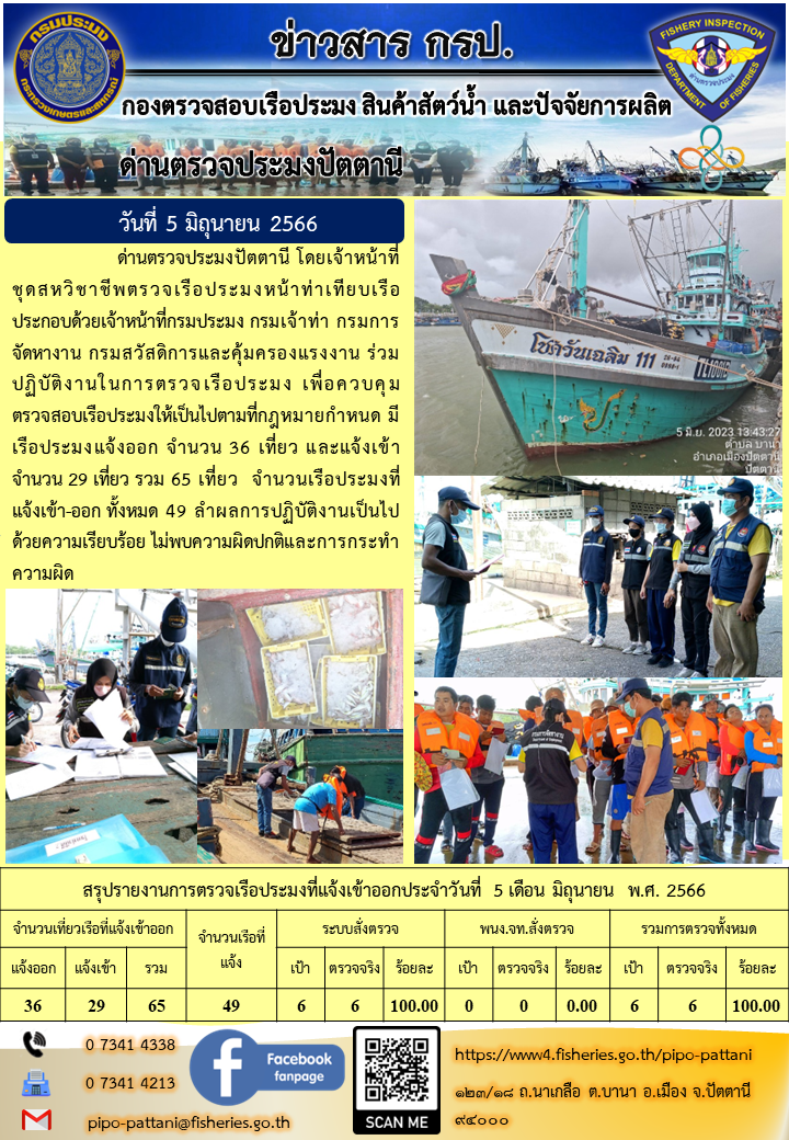 ข่าวสารการปฏิบัติงาน ด่านตรวจประมงปัตตานี วันที่ 5 มิถุนายน 2566..คลิก