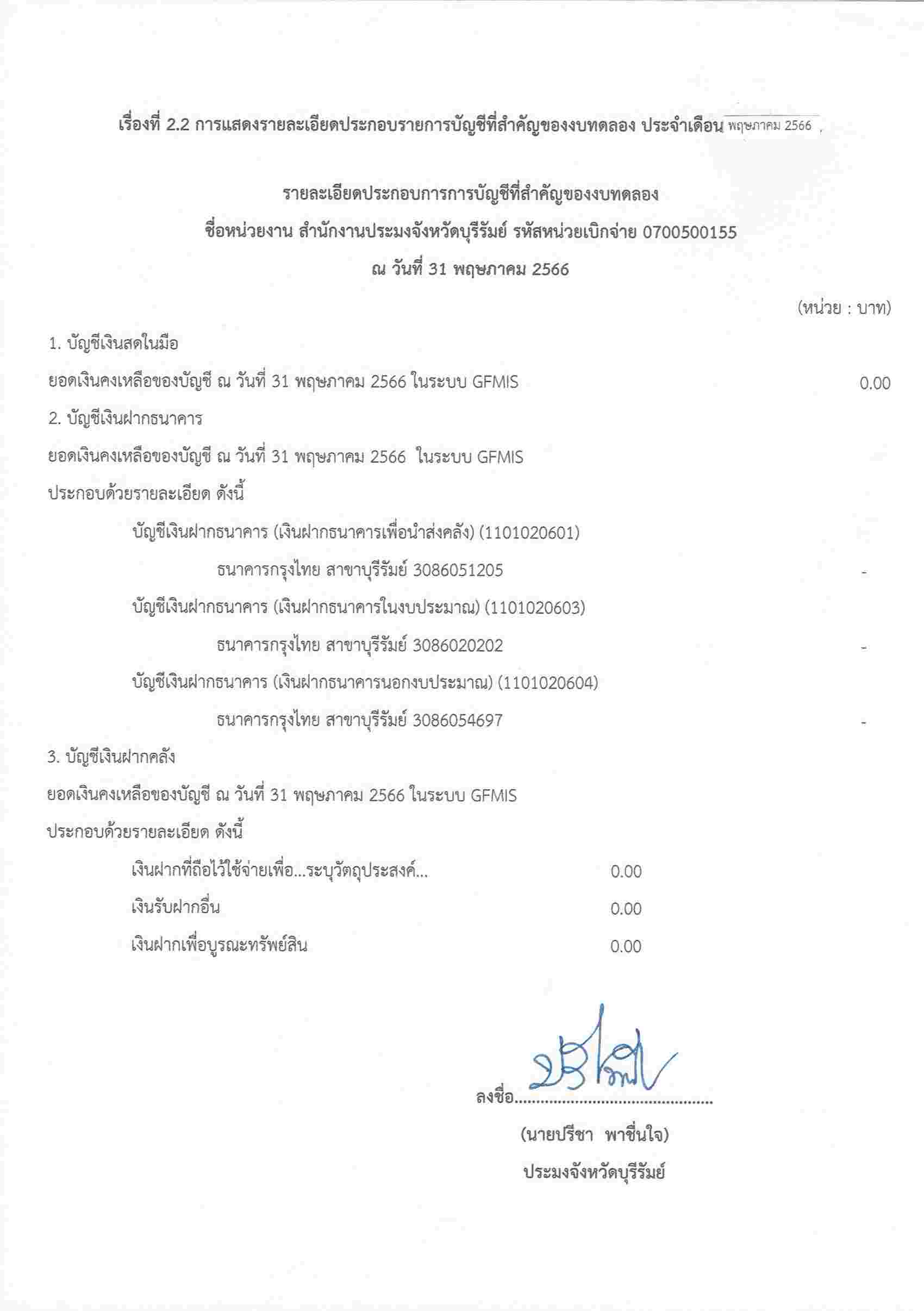 รายละเอียดประกอบการการบัญชีที่สำคัญของงบทดลองประจำเดือนพฤษภาคม 2566