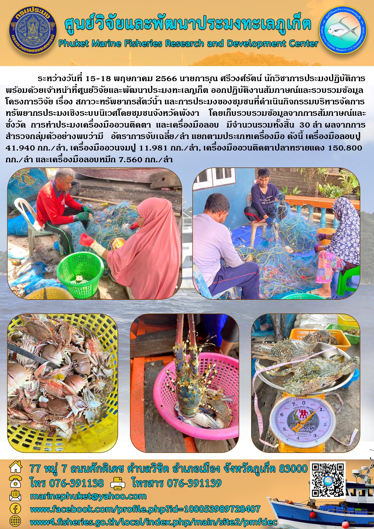 ระหว่างวันที่ 15-18 พฤษภาคม 2566 นายการุณ ศรีวงศ์รัตน์ นักวิชาการประมงปฏิบัติการพร้อมด้วยเจ้าหน้าที่ศูนย์วิจัยและพัฒนาประมงทะเลภูเก็ต ออกปฏิบัติงานสัมภาษณ์และรวบรวมข้อมูลโครงการวิจัย เรื่อง สภาวะทรัพยากรสัตว์น้ำ และการประมงของชุมชนที่ดำเนินกิจกรรมบริหารจัดการทรัพยากรประมงเชิงระบบนิเวศโดยชุมชนจังหวัดพังงา โดยเก็บรวบรวมข้อมูลจากการสัมภาษณ์และชั่งวัด การทำประมงเครื่องมืออวนติดตา และเครื่องมือลอบ มีจำนวนรวมทั้งสิ้น 30 ลำ ผลจากการสำรวจกลุ่มตัวอย่างพบว่ามี อัตราการจับเฉลี่ย/ลำ แยกตามประเภทเครื่องมือ ดังนี้ เครื่องมือลอบปู 41.940 กก./ลำ, เครื่องมืออวนจมปู 11.981 กก./ลำ, เครื่องมืออวนติดตาปลาทรายแดง 150.800 กก./ลำ และเครื่องมือลอบหมึก 7.560 กก./ลำ..คลิก