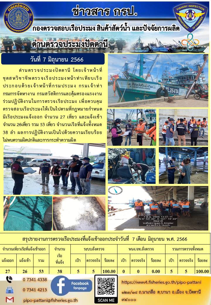 ข่าวสารการปฏิบัติงาน ด่านตรวจประมงปัตตานี วันที่ 7 มิถุนายน 2566..คลิก