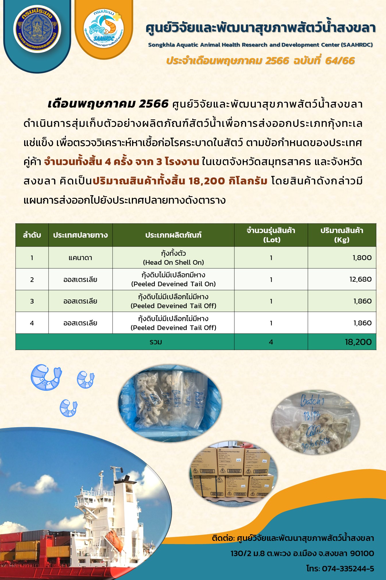 ฉบับที่ 64/66 ศูนย์วิจัยและพัฒนาสุขภาพสัตว์น้ำสงขลาดำเนินการสุ่มเก็บตัวอย่างผลิตภัณฑ์สัตว์น้ำเพื่อการส่งออกประเภทกุ้งทะเลแช่แข็ง..คลิก