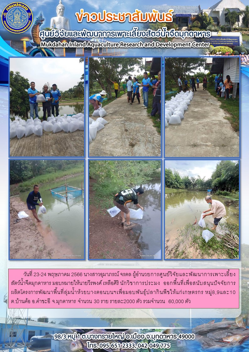 วันที่ 23-24 พฤษภาคม 2566 โครงการพัฒนาพื้นที่ลุ่มน้ำห้วยบางตอนบนฯเพื่อมอบพันธุ์ปลากินพืชให้แก่เกษตรกร หมู่8,9และ10  ต.บ้านค้อ อ.คำชะอี จ.มุกดาหาร..คลิก
