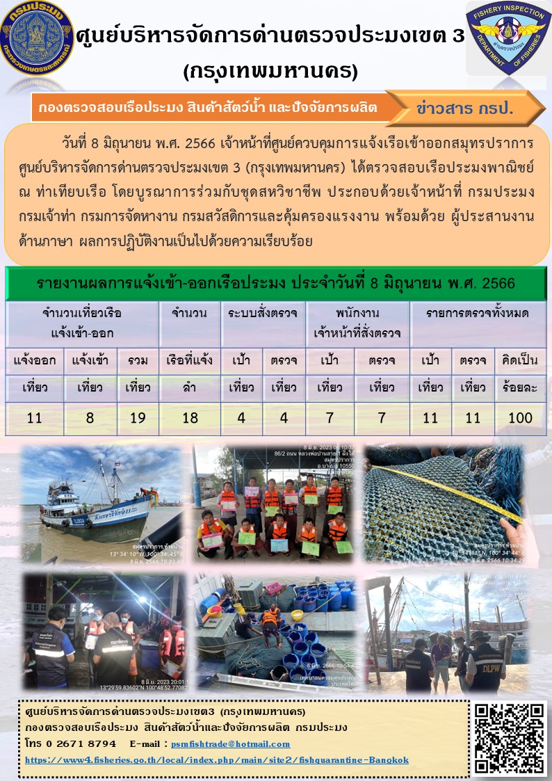 ประชาสัมพันธ์ศูนย์บริหารจัดการด่านตรวจประมงเขต 3 (กรุงเทพมหานคร) ประจำวันที่ 9 มิถุนายน 2566..คลิก
