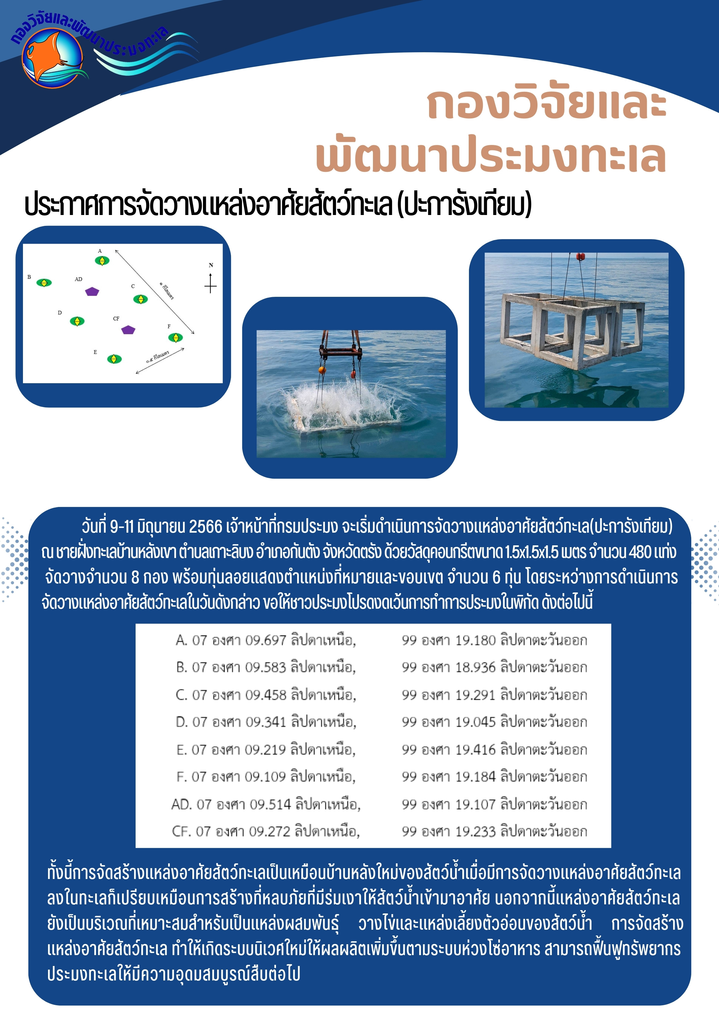 ประกาศการจัดวางแหล่งอาศัยสัตว์ทะเล (ปะการังเทียม)..คลิก