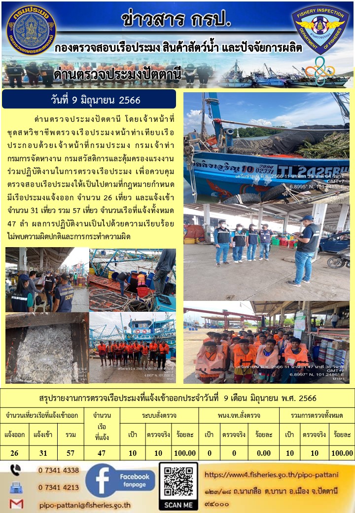 ข่าวสารการปฏิบัติงาน ด่านตรวจประมงปัตตานี วันที่ 9 มิถุนายน 2566..คลิก