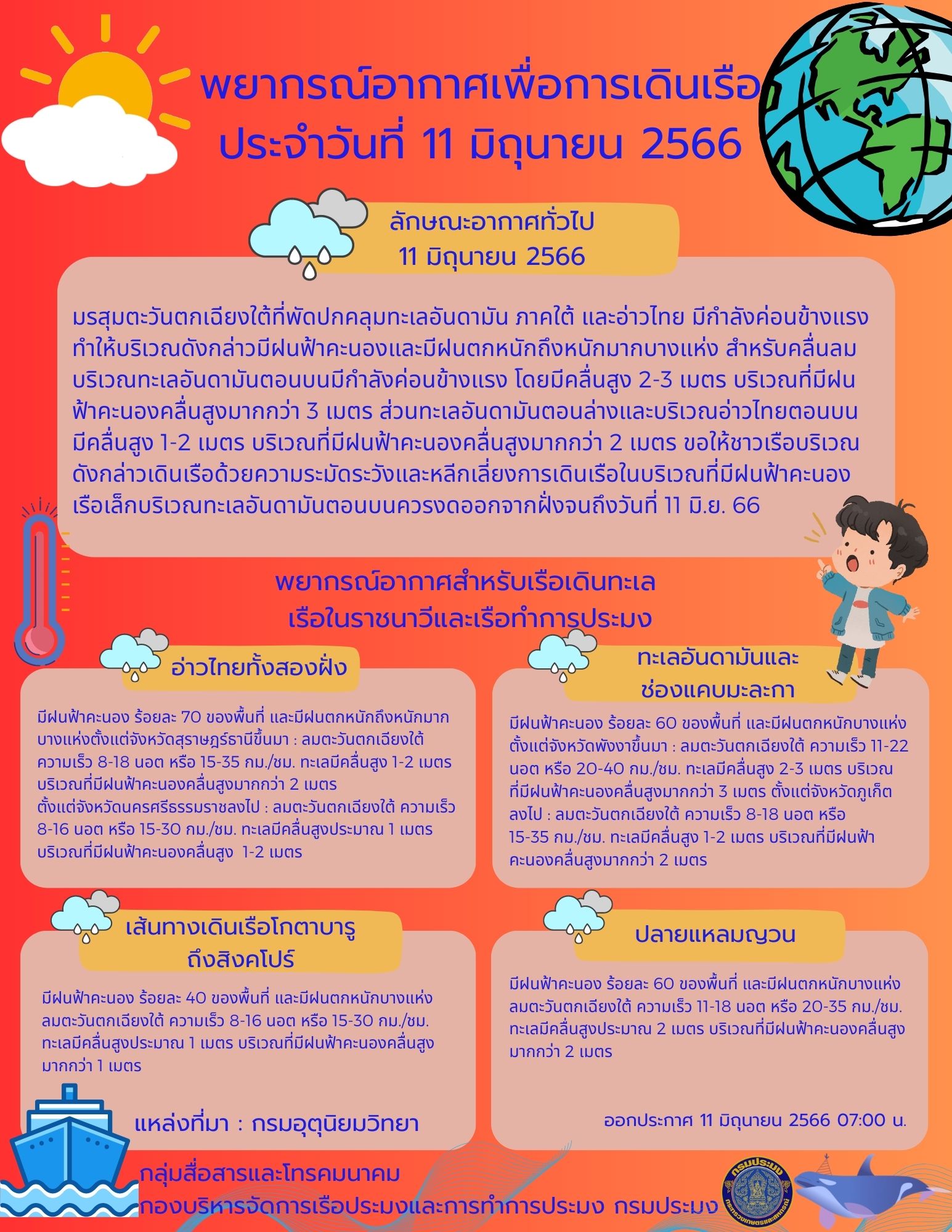 พยากรณ์อากาศเพื่อการเดินเรือ ประจำวันที่ 11 มิถุนายน 2566..คลิก