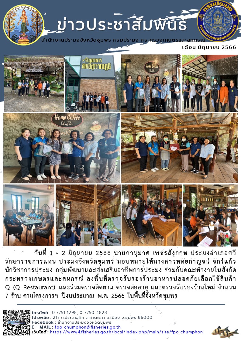 ลงพื้นที่ตรวจรับรองร้านอาหารปลอดภัยเลือกใช้สินค้า Q (Q Restaurant) และร่วมตรวจติดตาม ตรวจต่ออายุ และตรวจรับรองร้านใหม่ จำนวน ๗ ร้าน ตามโครงการฯ ปีงบประมาณ พ.ศ. ๒๕๖๖ ในพื้นที่จังหวัดชุมพร..คลิก
