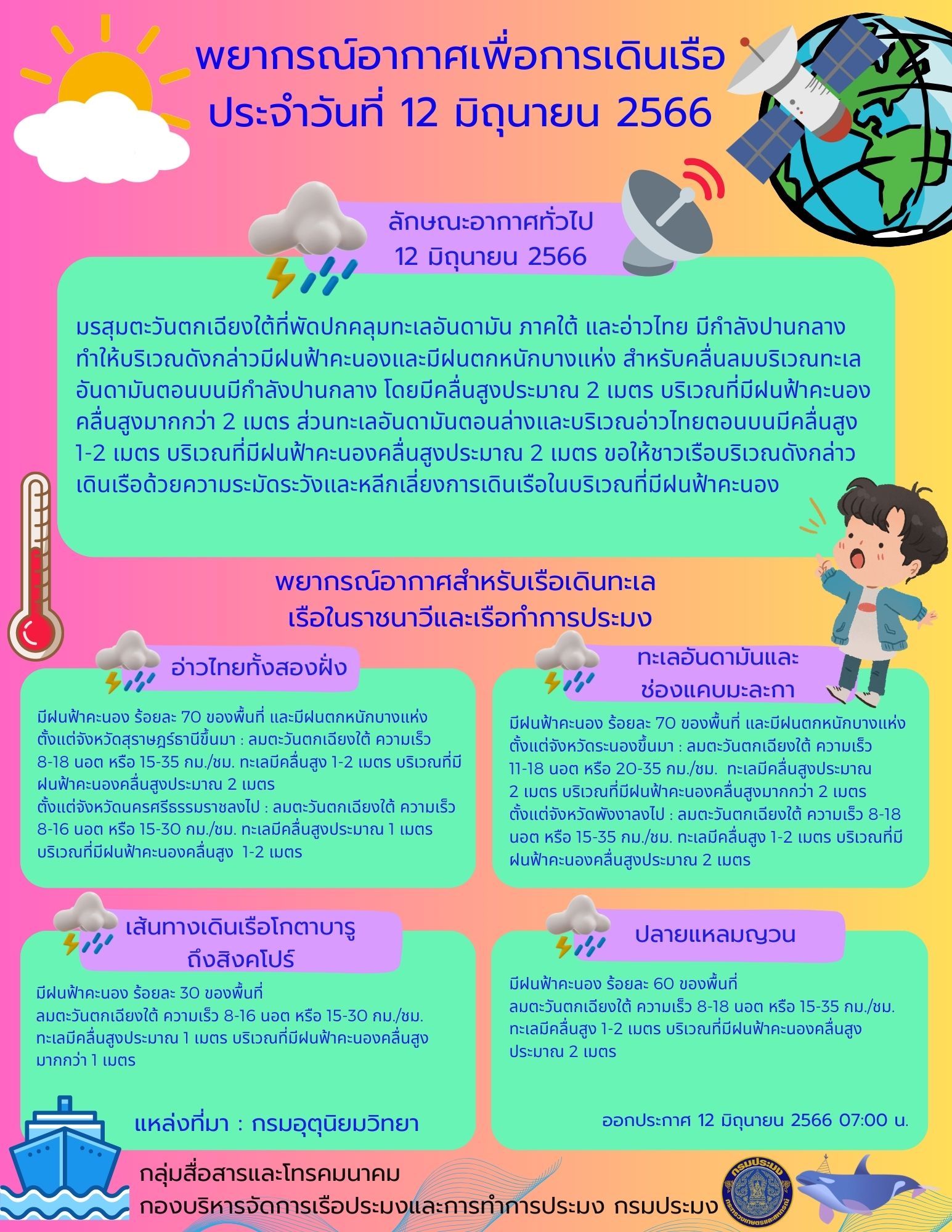 พยากรณ์อากาศเพื่อการเดินเรือ ประจำวันที่ 12 มิถุนายน 2566..คลิก
