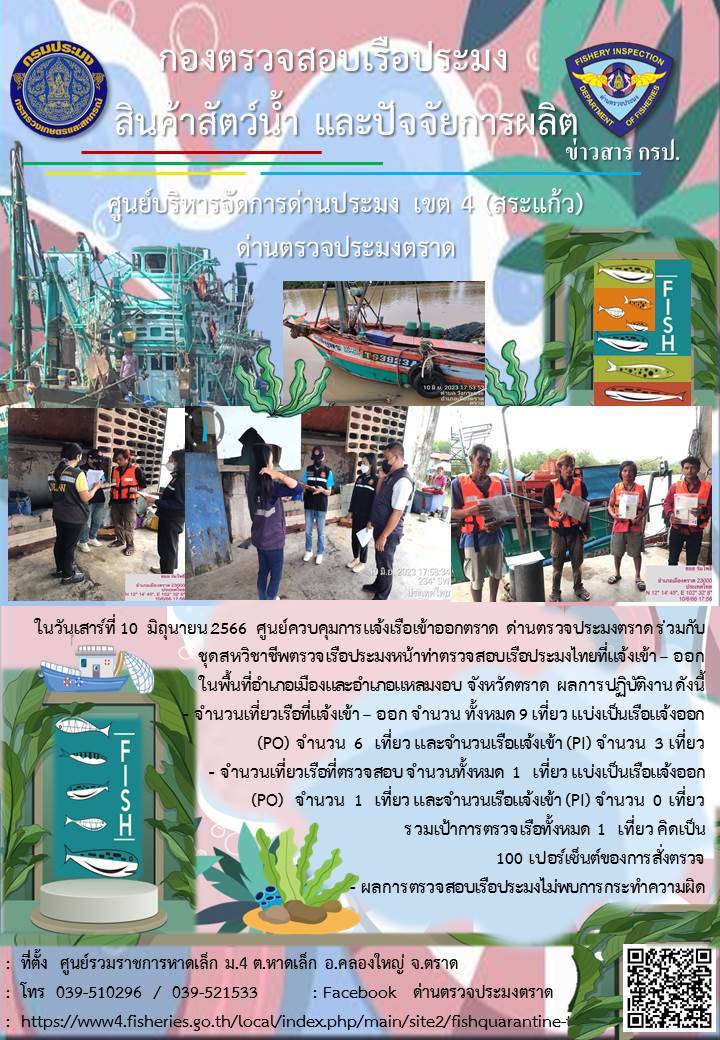 ผลการปฏิบัติงานของศูนย์ควบคุมการแจ้งเรือเข้าออกตราด ด่านตรวจประมงตราด ประจำวันที่ 10 มิถุนายน 2566..คลิก