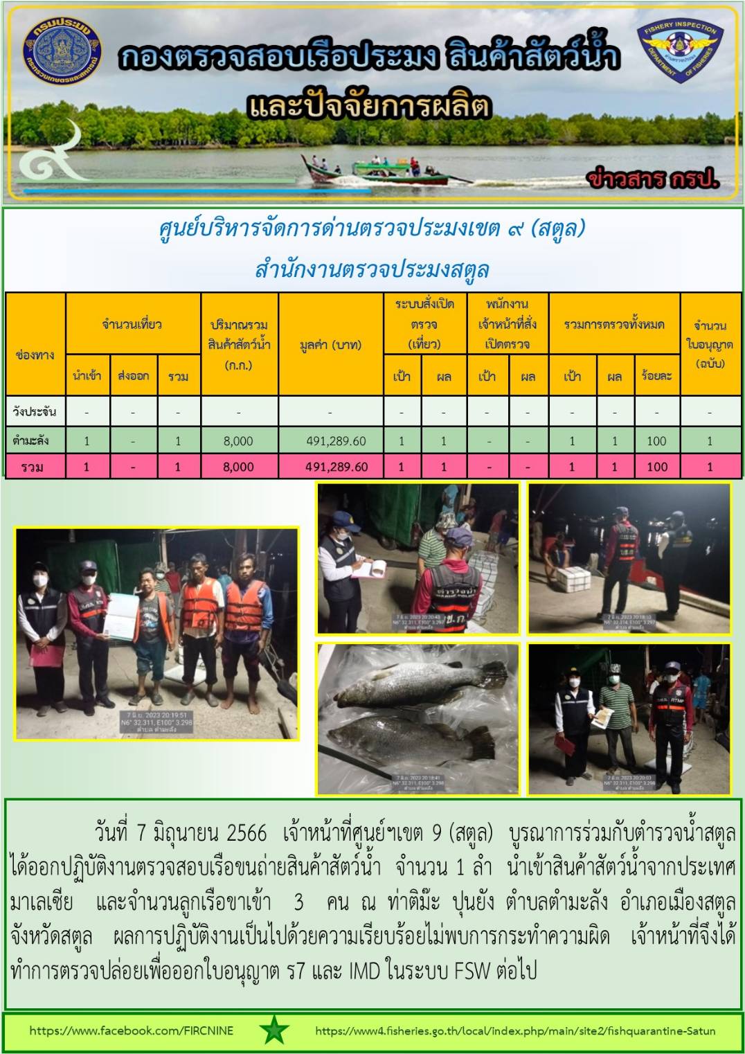 ประชาสัมพันธ์การปฏิบัติงานศูนย์บริหารจัดการด่านตรวจประมงเขต 9 (สตูล) ประจำวันที่ 6-10 มิถุนายน 2566..คลิก