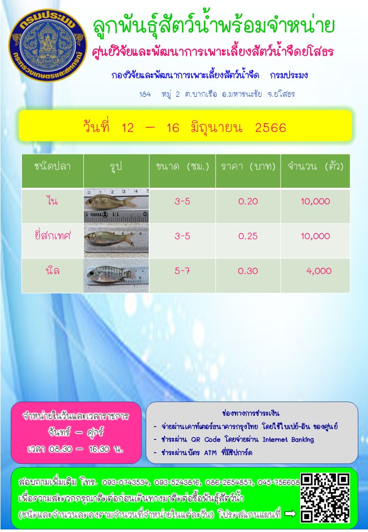 ลูกพันธุ์สัตว์น้ำพร้อมจำหน่าย 12 - 16 มิ.ย. 2566