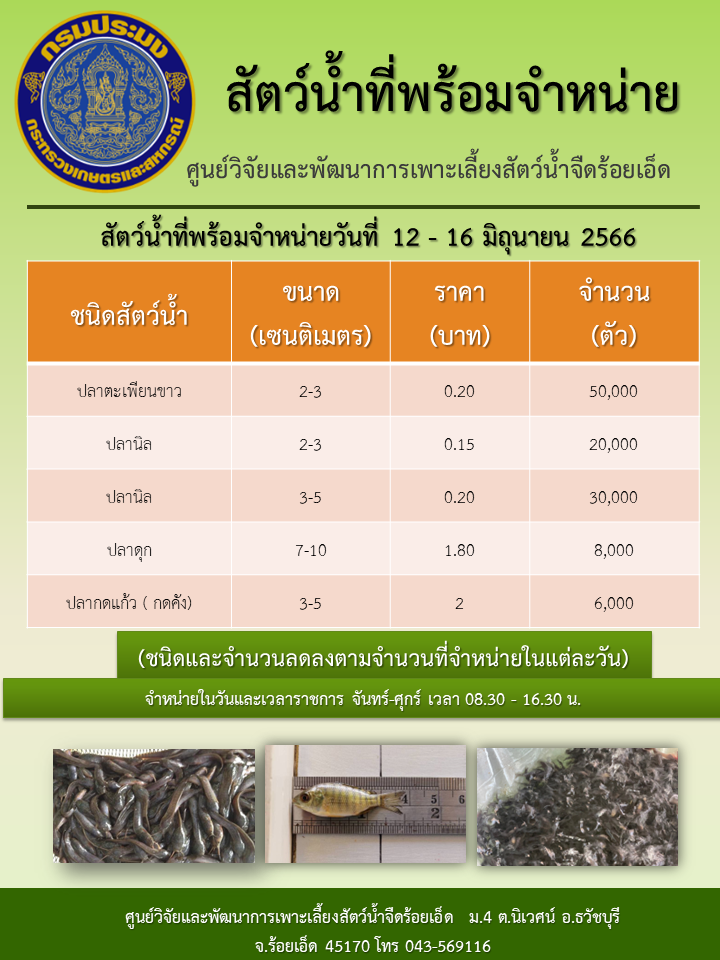 สัตว์น้ำที่พร้อมจำหน่ายวันที่ 12 - 16 มิถุนายน 2566..คลิก