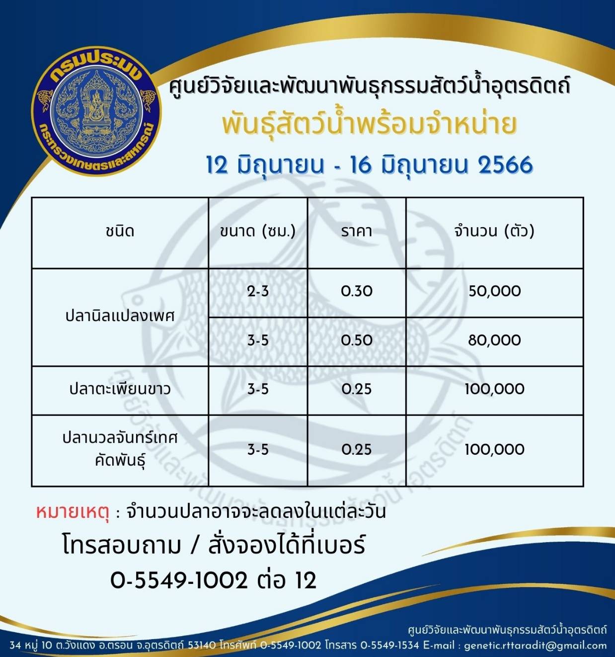 พันธุ์สัตว์น้ำพร้อมจำหน่าย ระหว่างวันที่ 12 - 16 มิถุนายน 2566