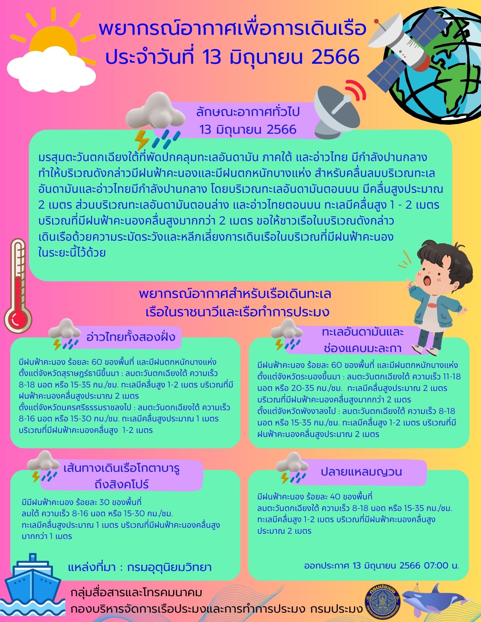 พยากรณ์อากาศเพื่อการเดินเรือ ประจำวันที่ 13 มิถุนายน 2566..คลิก