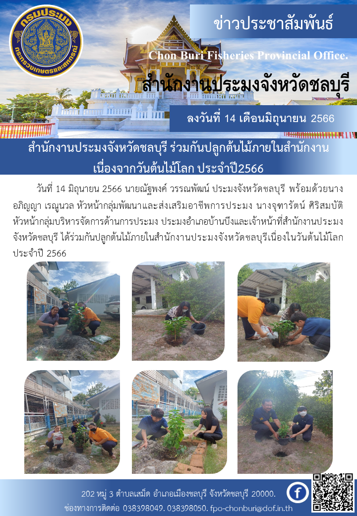 ประมงจังหวัดชลบุรี หัวหน้ากลุ่มและเจ้าหน้าที่ ร่วมกันปลูกต้นไม้ภายในสำนักงานประมงจังหวัดชลบุรีเนื่องในวันต้นไม้โลก ประจำปี2566..คลิก