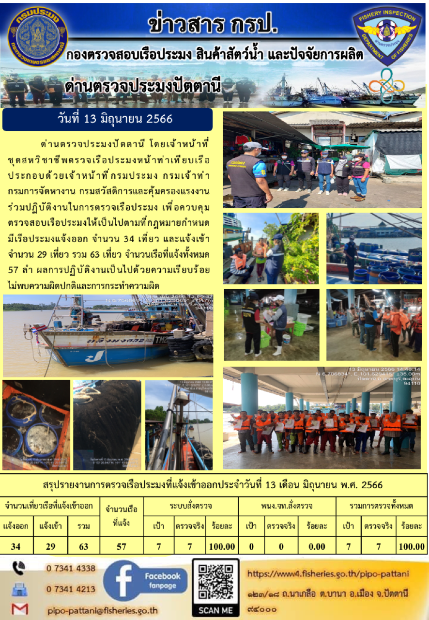 ข่าวสารการปฏิบัติงาน ด่านตรวจประมงปัตตานี วันที่ 13 มิถุนายน 2566..คลิก