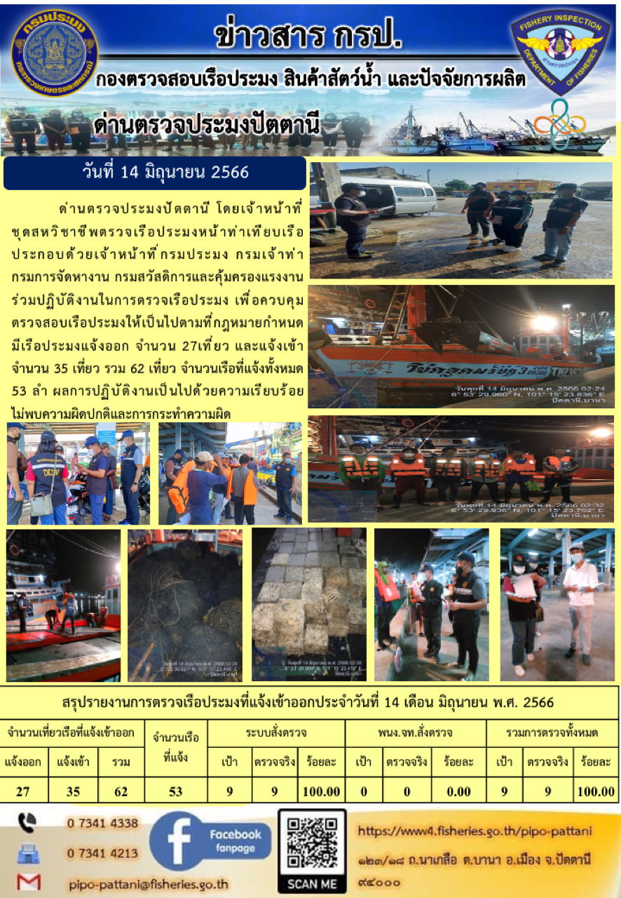 ข่าวสารการปฏิบัติงาน ด่านตรวจประมงปัตตานี วันที่ 14 มิถุนายน 2566..คลิก